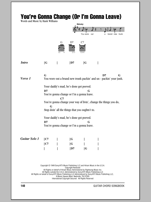 Hank Williams You're Gonna Change (Or I'm Gonna Leave) sheet music notes and chords arranged for Ukulele