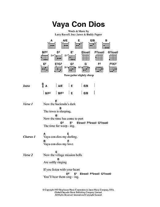 Hank Snow Vaya Con Dios sheet music notes and chords arranged for Guitar Chords/Lyrics