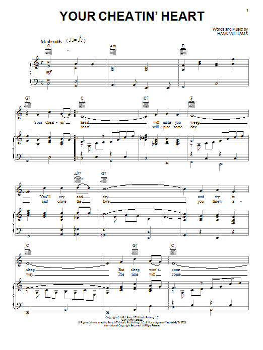 Hank Williams Your Cheatin' Heart sheet music notes and chords arranged for Piano, Vocal & Guitar Chords