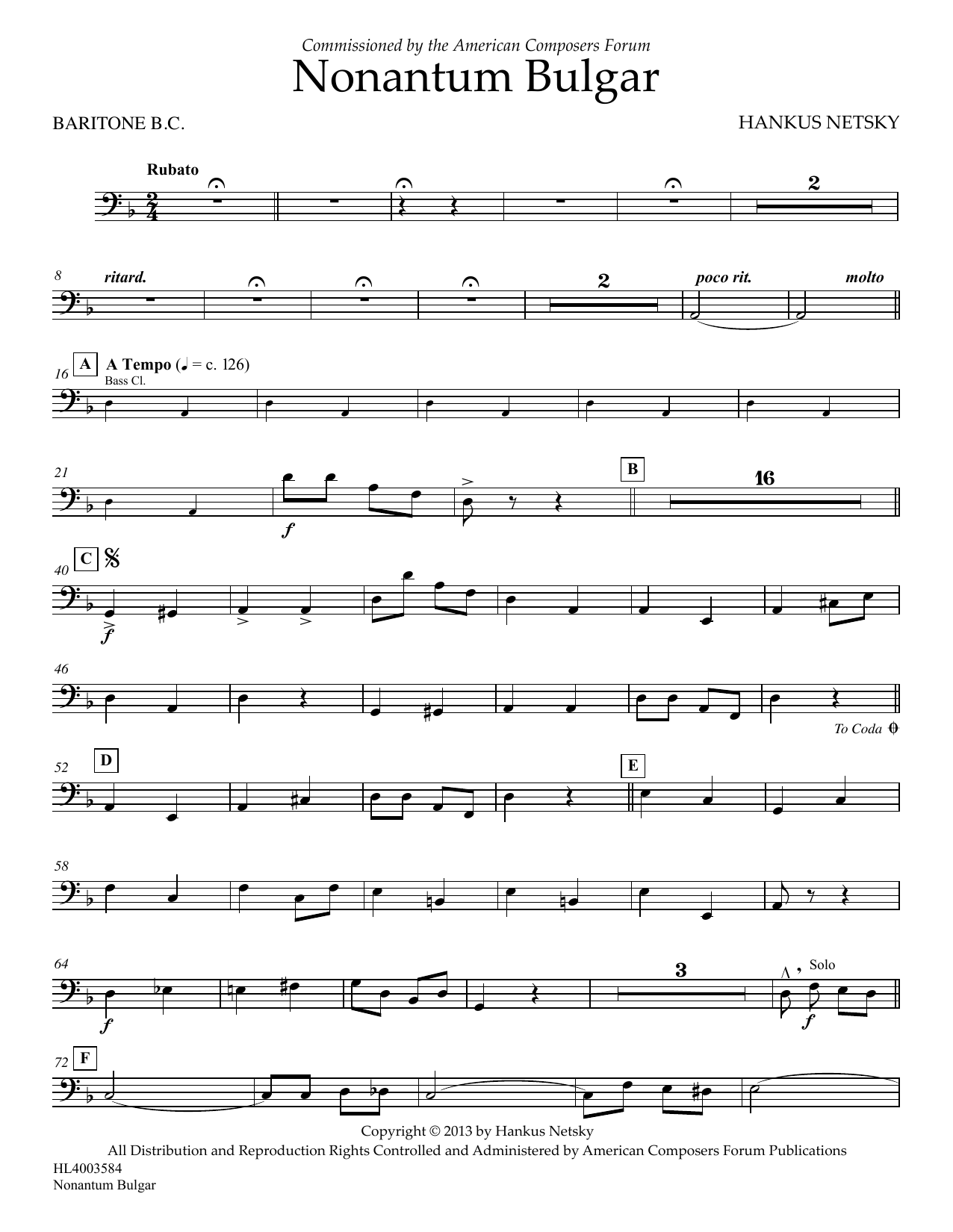 Hankus Netsky Nonantum Bulgar - Baritone B.C. sheet music notes and chords arranged for Concert Band