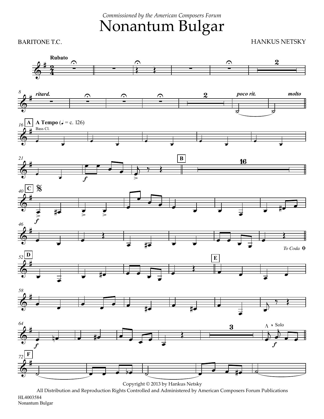 Hankus Netsky Nonantum Bulgar - Baritone T.C. sheet music notes and chords arranged for Concert Band