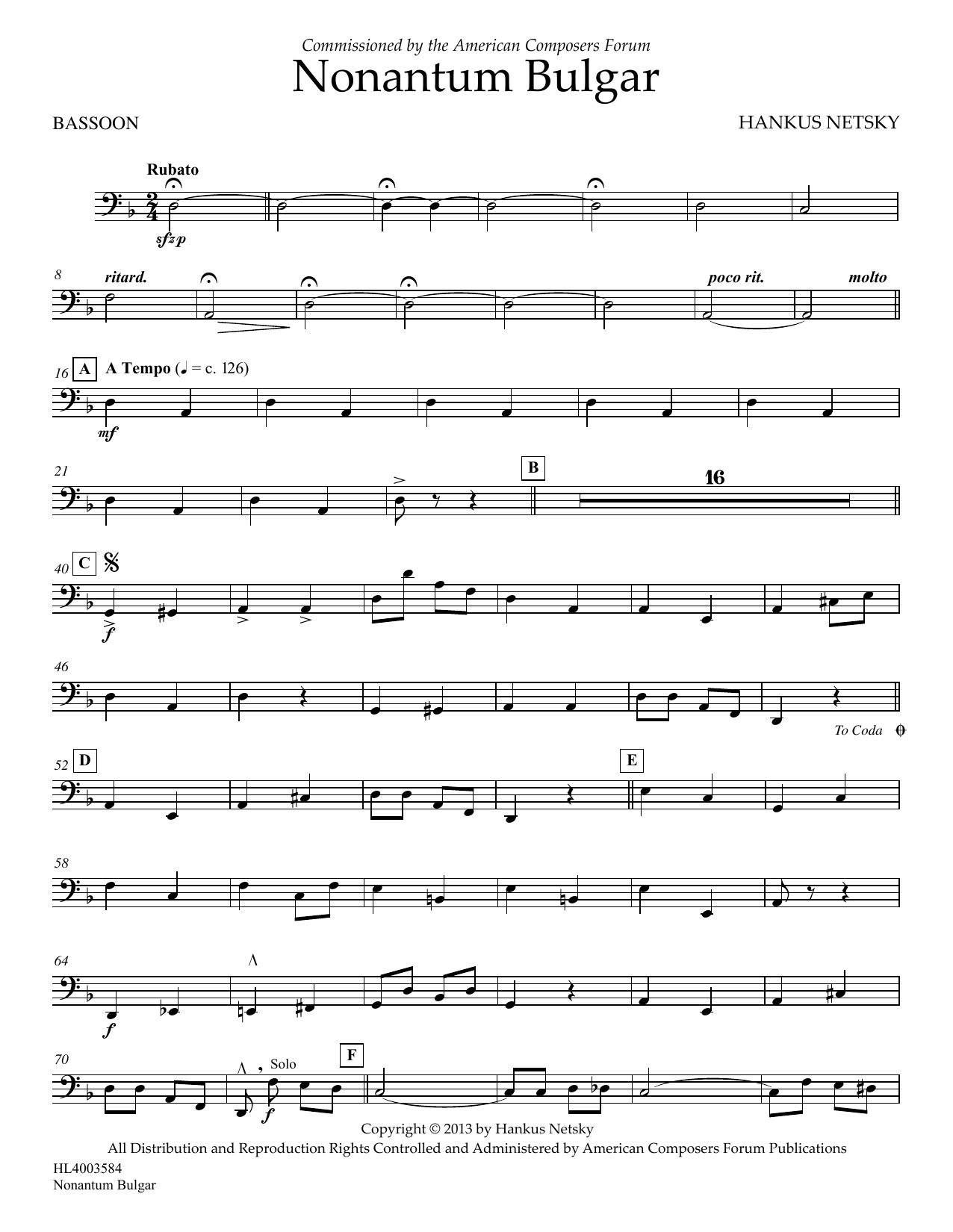 Hankus Netsky Nonantum Bulgar - Bassoon sheet music notes and chords arranged for Concert Band