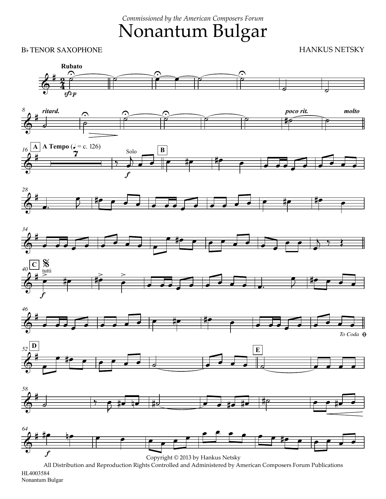 Hankus Netsky Nonantum Bulgar - Bb Tenor Saxophone sheet music notes and chords arranged for Concert Band