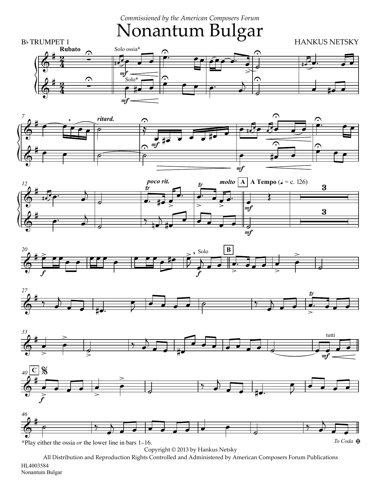 Hankus Netsky Nonantum Bulgar - Bb Trumpet 1 sheet music notes and chords arranged for Concert Band