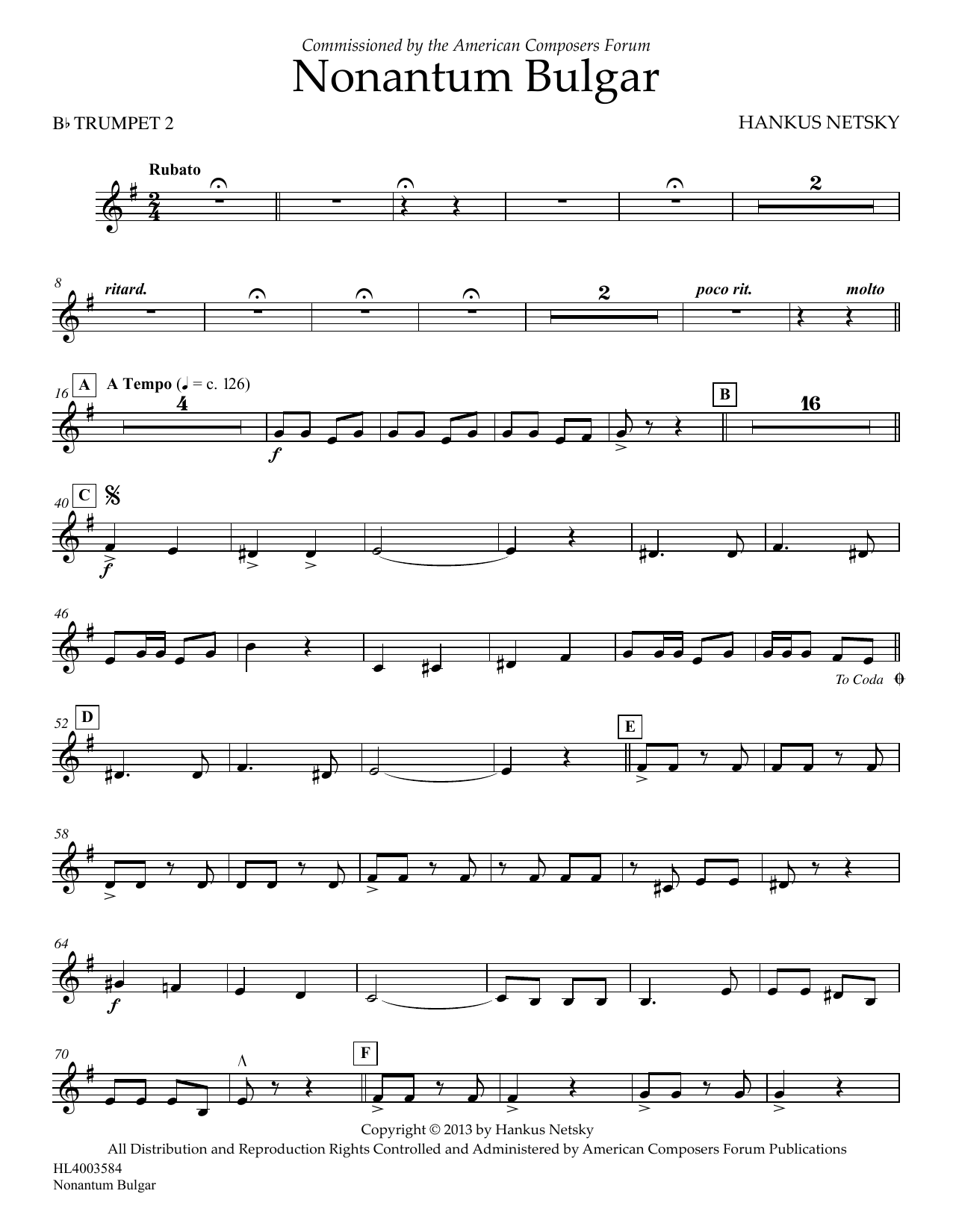 Hankus Netsky Nonantum Bulgar - Bb Trumpet 2 sheet music notes and chords arranged for Concert Band