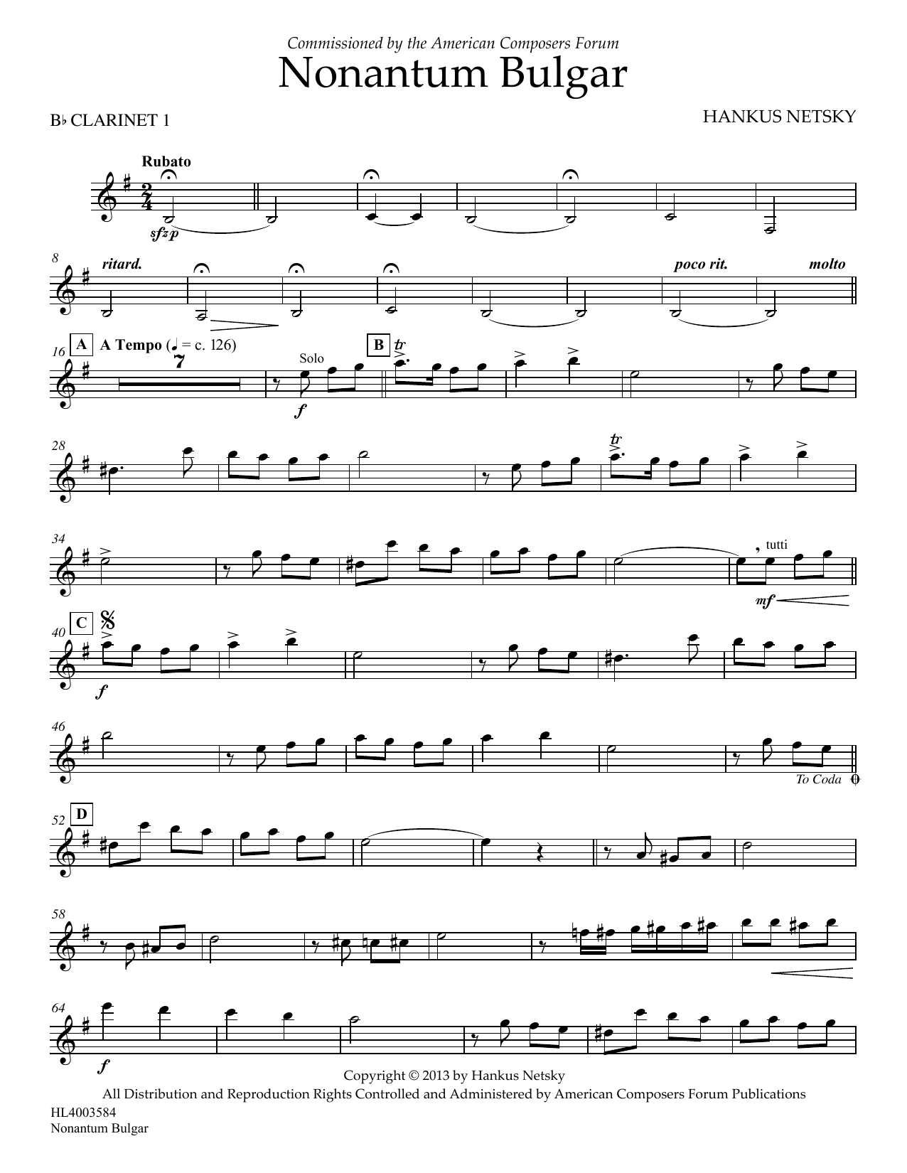 Hankus Netsky Nonantum Bulgar - Clarinet 1 sheet music notes and chords arranged for Concert Band