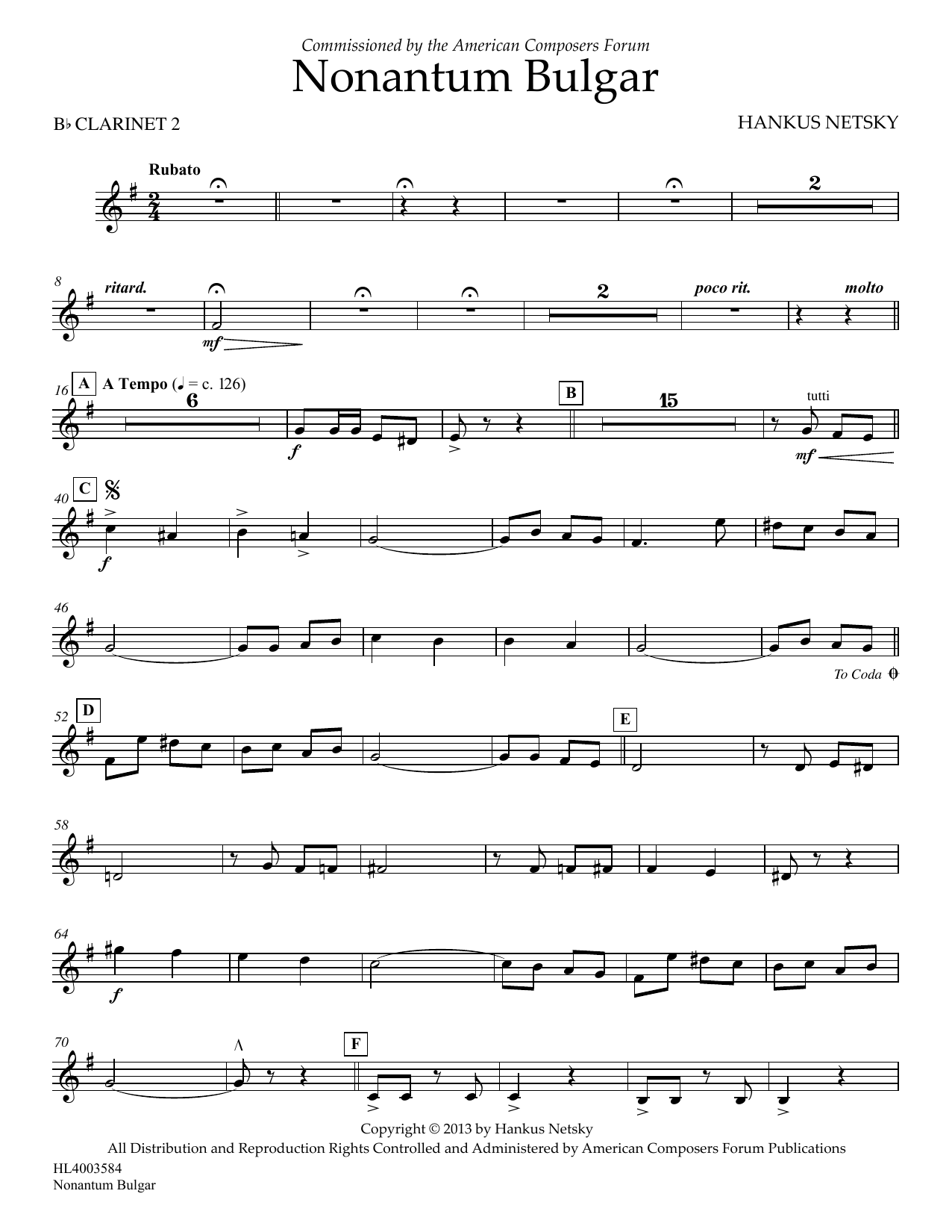 Hankus Netsky Nonantum Bulgar - Clarinet 2 sheet music notes and chords arranged for Concert Band
