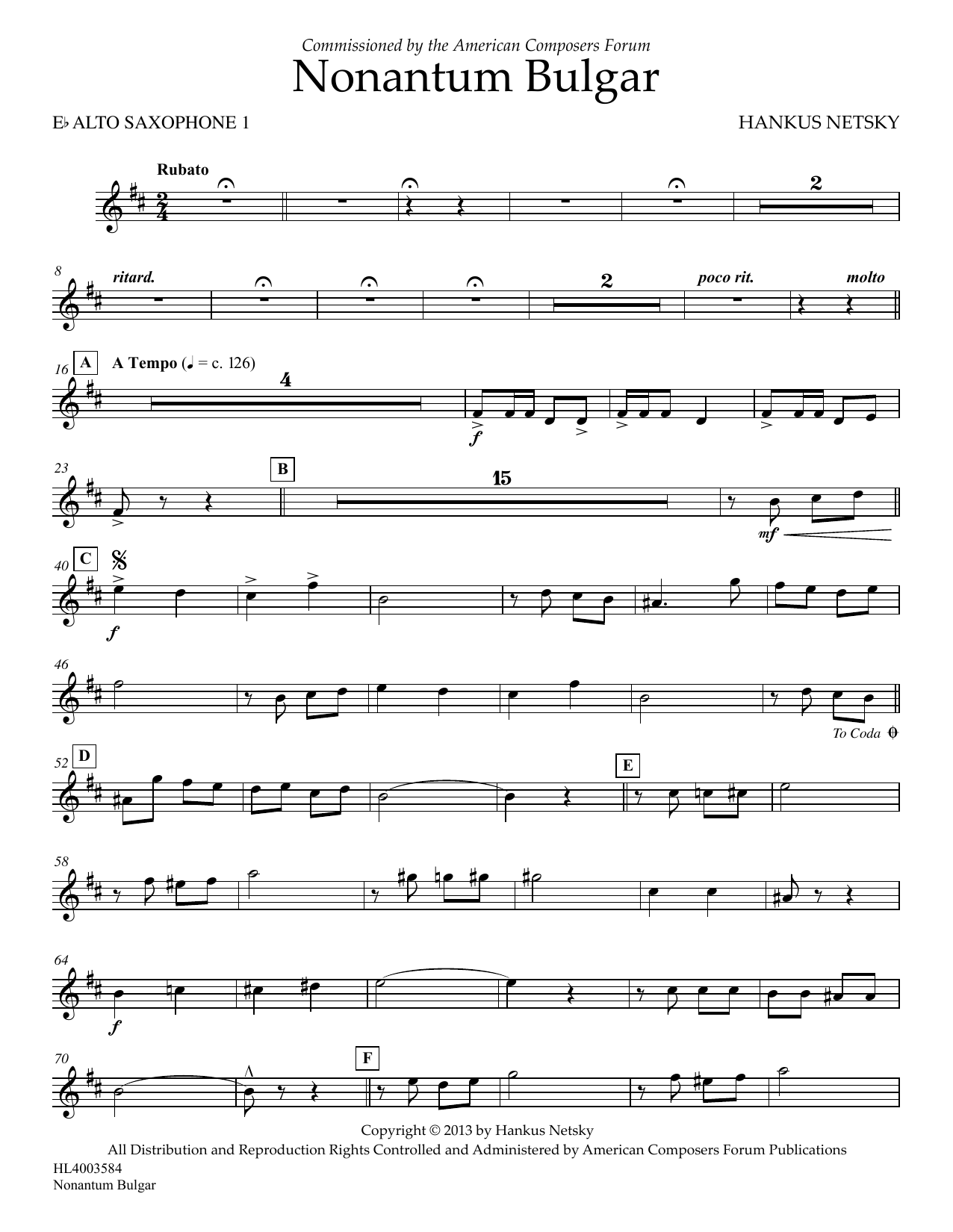 Hankus Netsky Nonantum Bulgar - Eb Alto Saxophone 1 sheet music notes and chords arranged for Concert Band