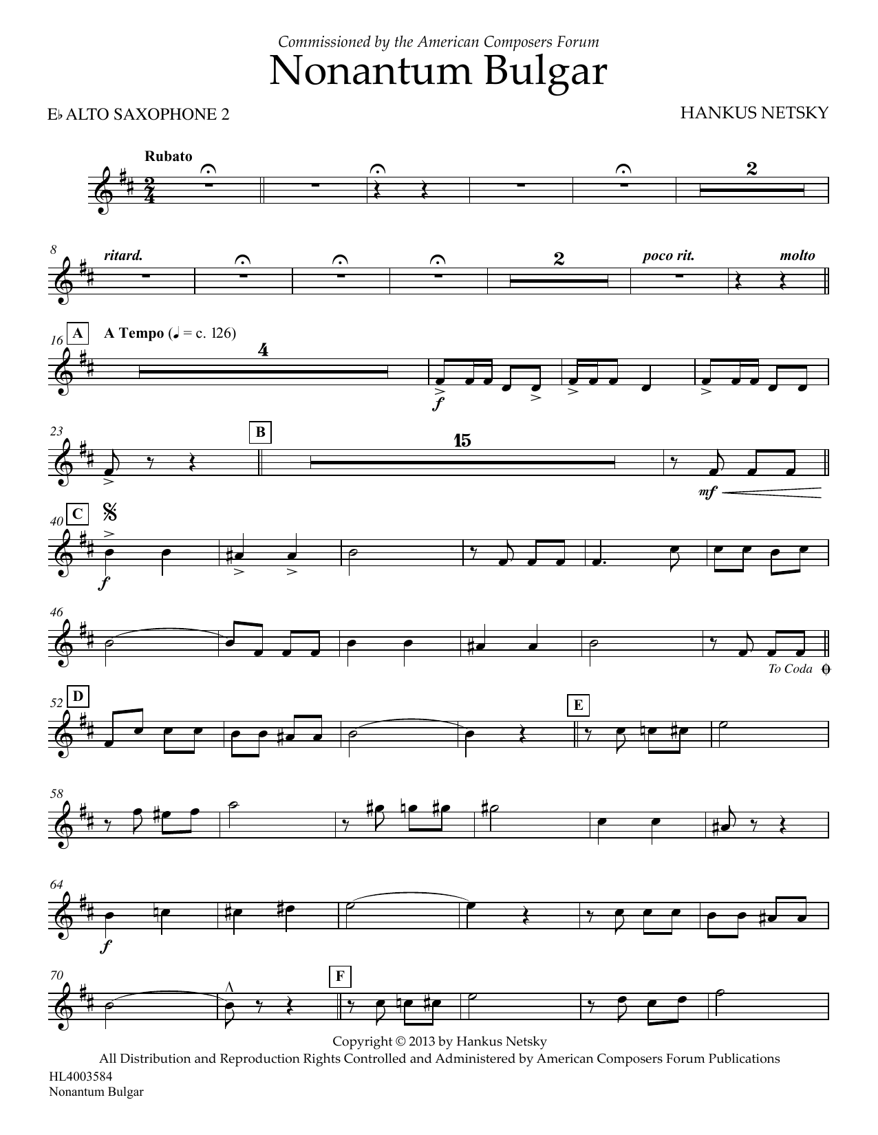 Hankus Netsky Nonantum Bulgar - Eb Alto Saxophone 2 sheet music notes and chords arranged for Concert Band