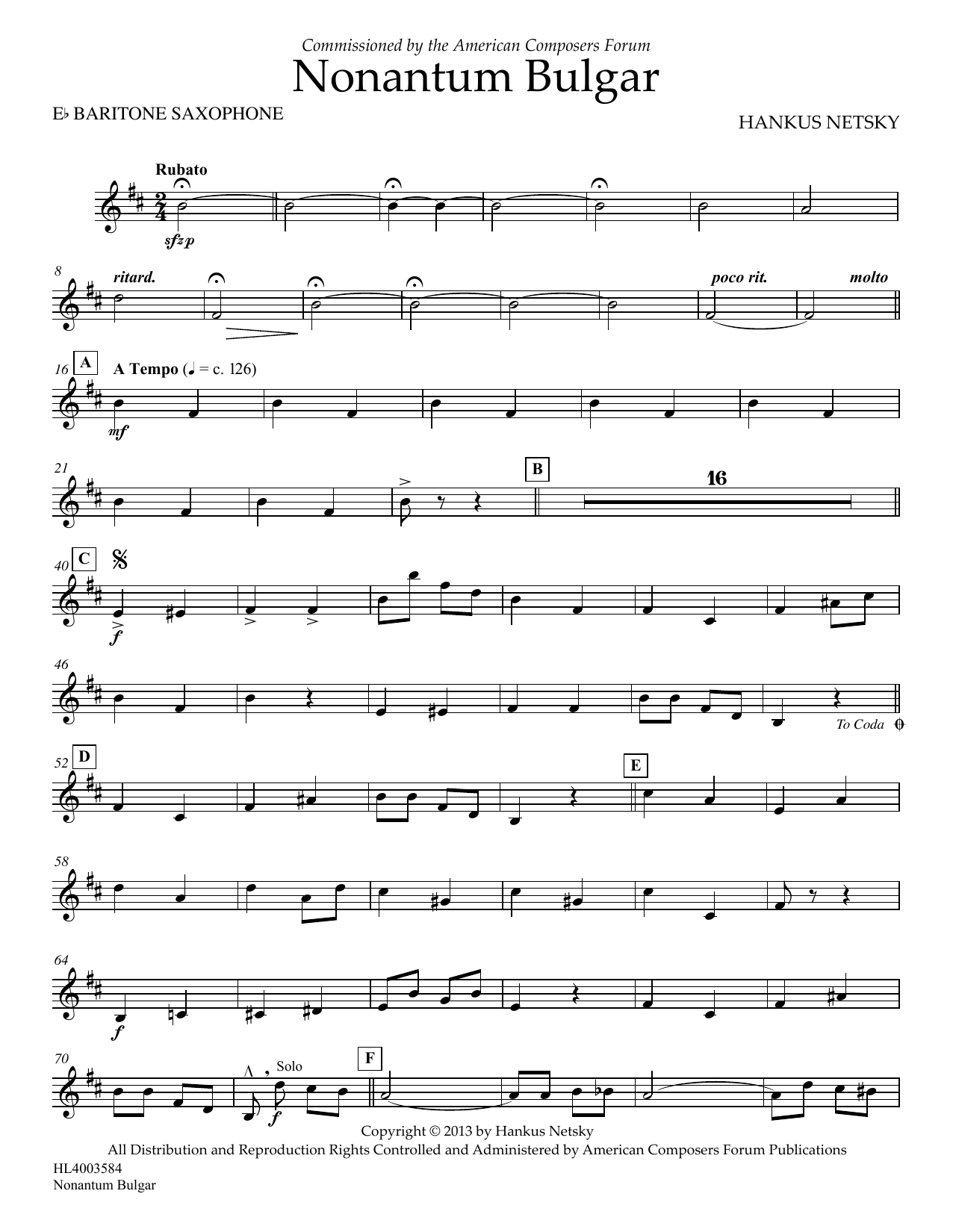 Hankus Netsky Nonantum Bulgar - Eb Baritone Saxophone sheet music notes and chords arranged for Concert Band