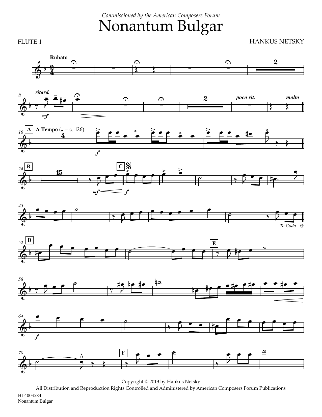 Hankus Netsky Nonantum Bulgar - Flute 1 sheet music notes and chords arranged for Concert Band