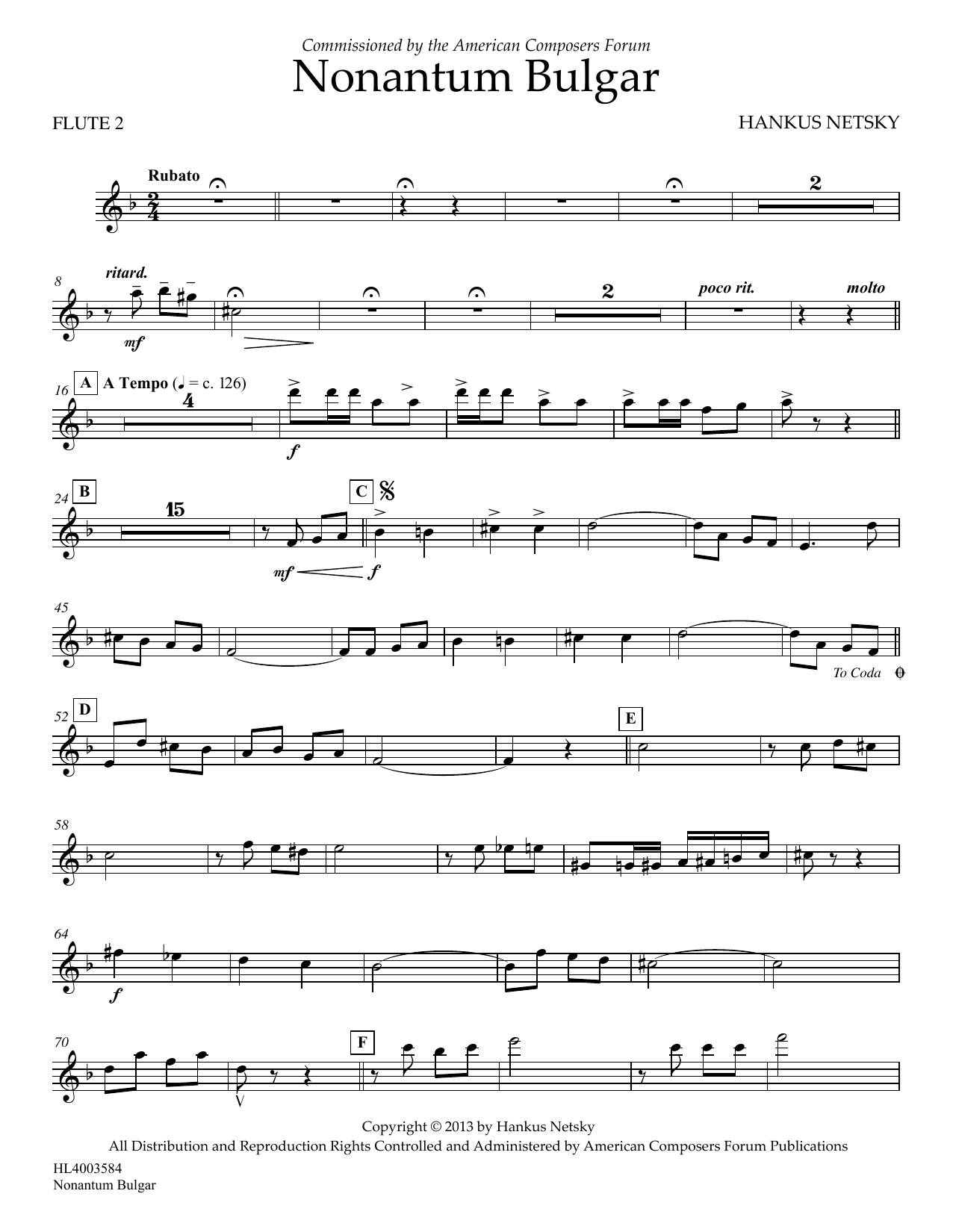 Hankus Netsky Nonantum Bulgar - Flute 2 sheet music notes and chords arranged for Concert Band