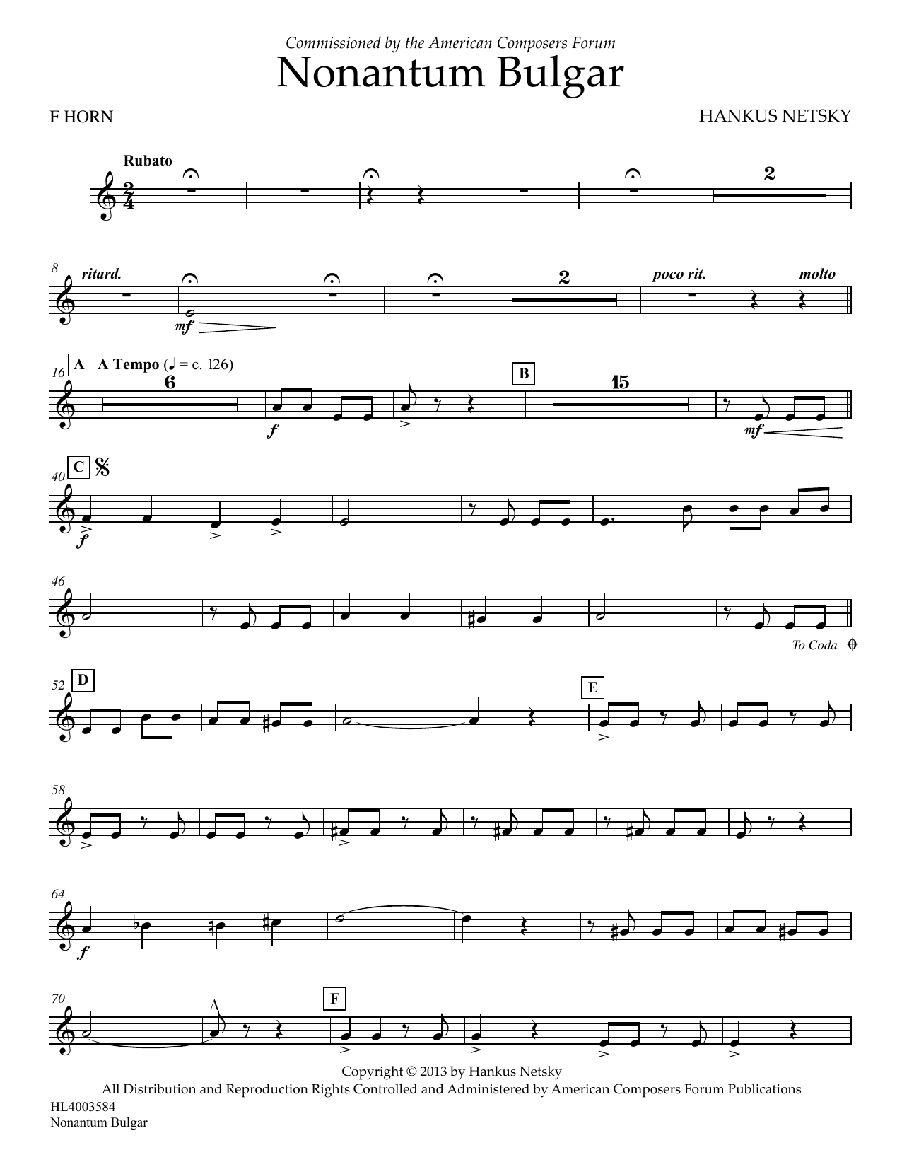 Hankus Netsky Nonantum Bulgar - FRENCH HORN sheet music notes and chords arranged for Concert Band