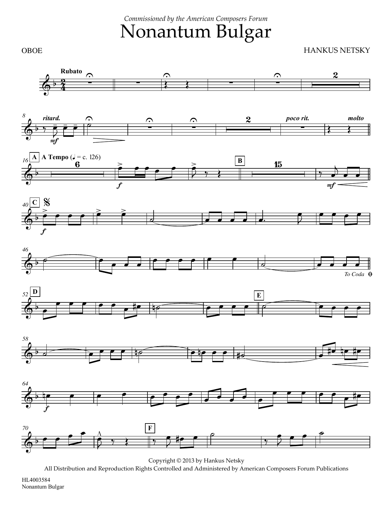 Hankus Netsky Nonantum Bulgar - Oboe sheet music notes and chords arranged for Concert Band