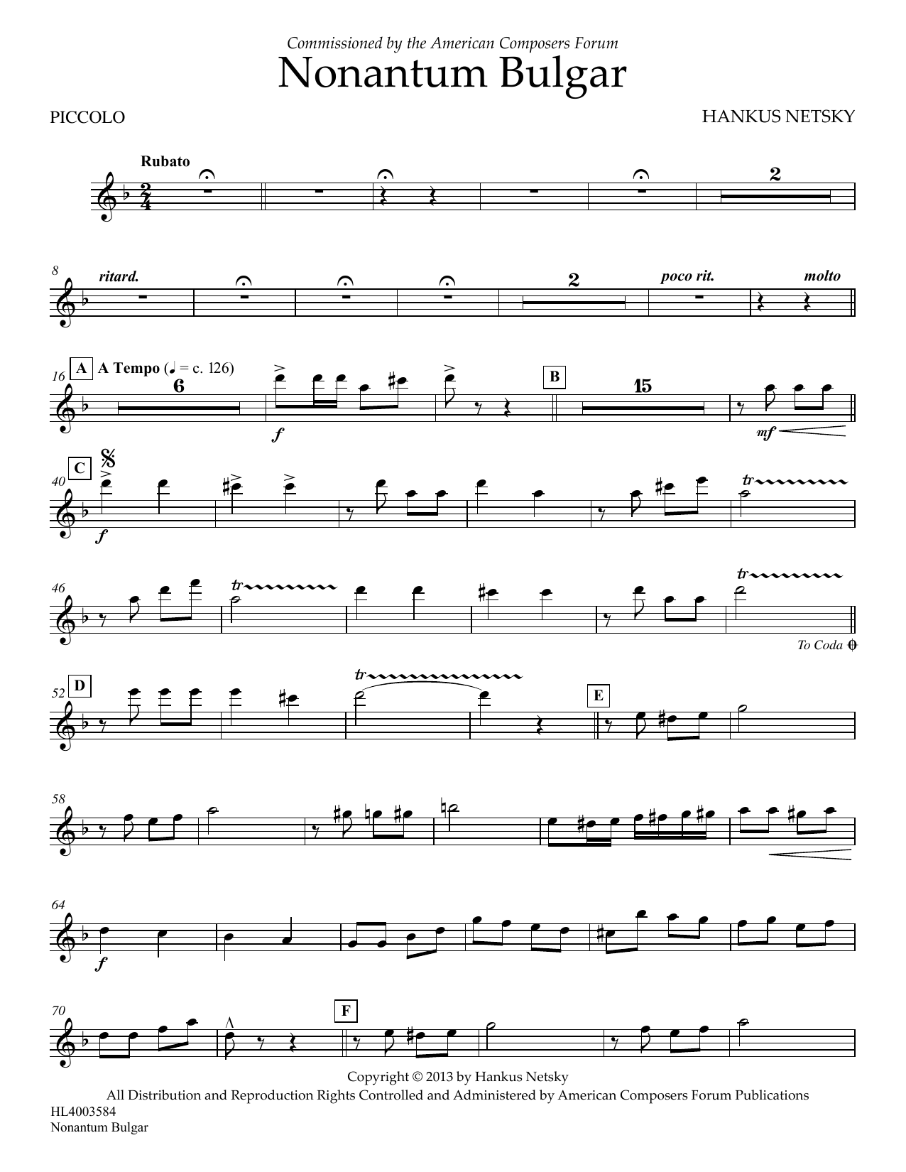 Hankus Netsky Nonantum Bulgar - Piccolo sheet music notes and chords arranged for Concert Band