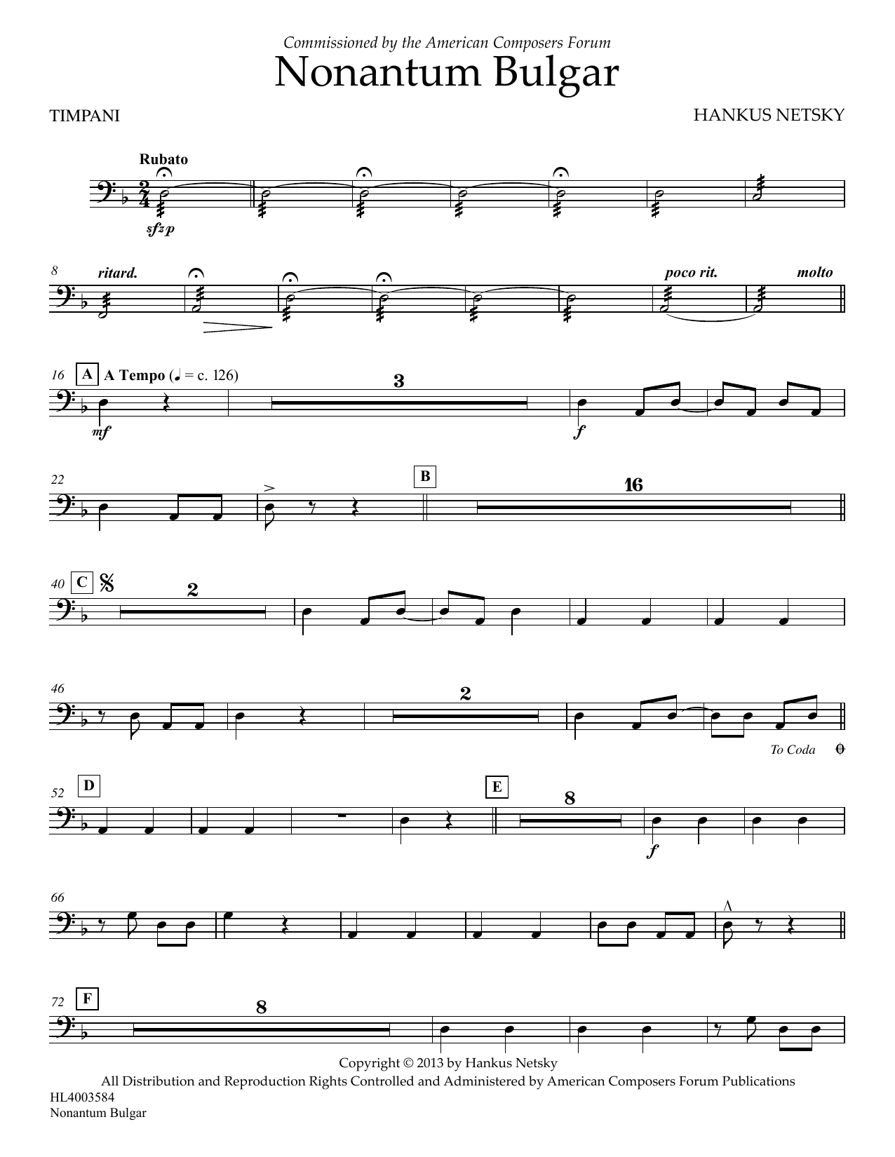 Hankus Netsky Nonantum Bulgar - Timpani sheet music notes and chords arranged for Concert Band