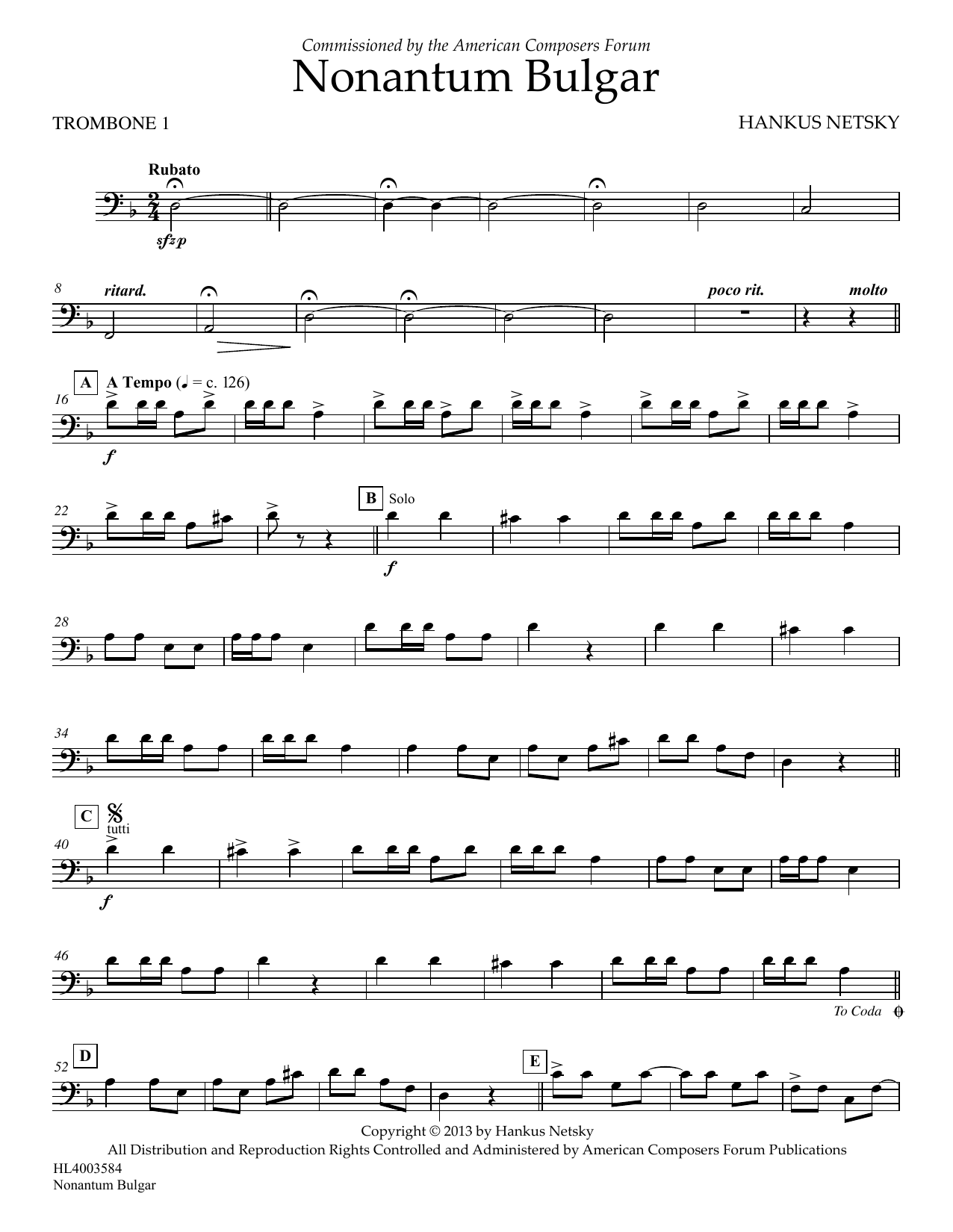 Hankus Netsky Nonantum Bulgar - Trombone 1 sheet music notes and chords arranged for Concert Band