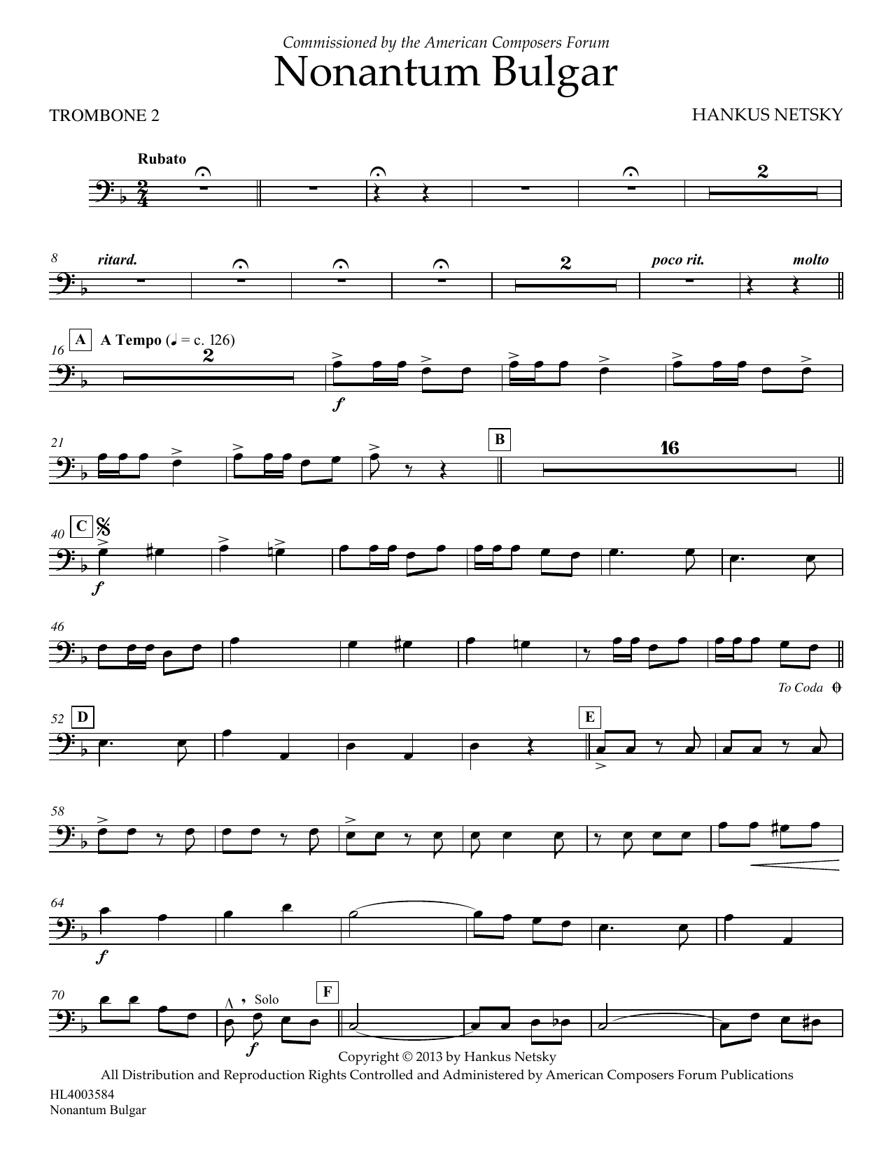 Hankus Netsky Nonantum Bulgar - Trombone 2 sheet music notes and chords arranged for Concert Band