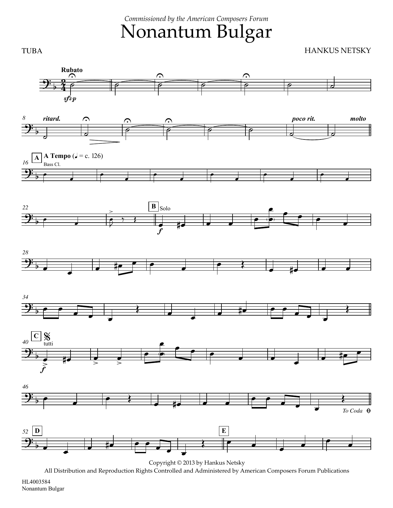 Hankus Netsky Nonantum Bulgar - Tuba sheet music notes and chords arranged for Concert Band