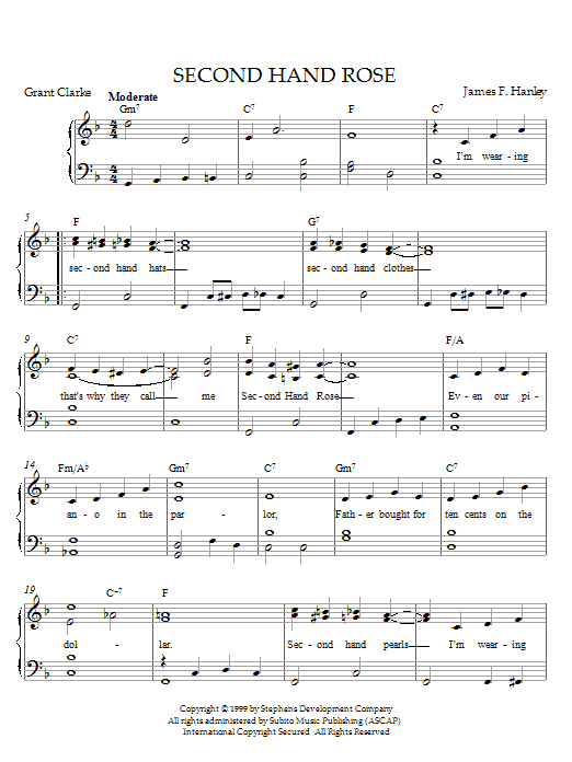 Hanley Second Hand Rose sheet music notes and chords arranged for Piano Solo