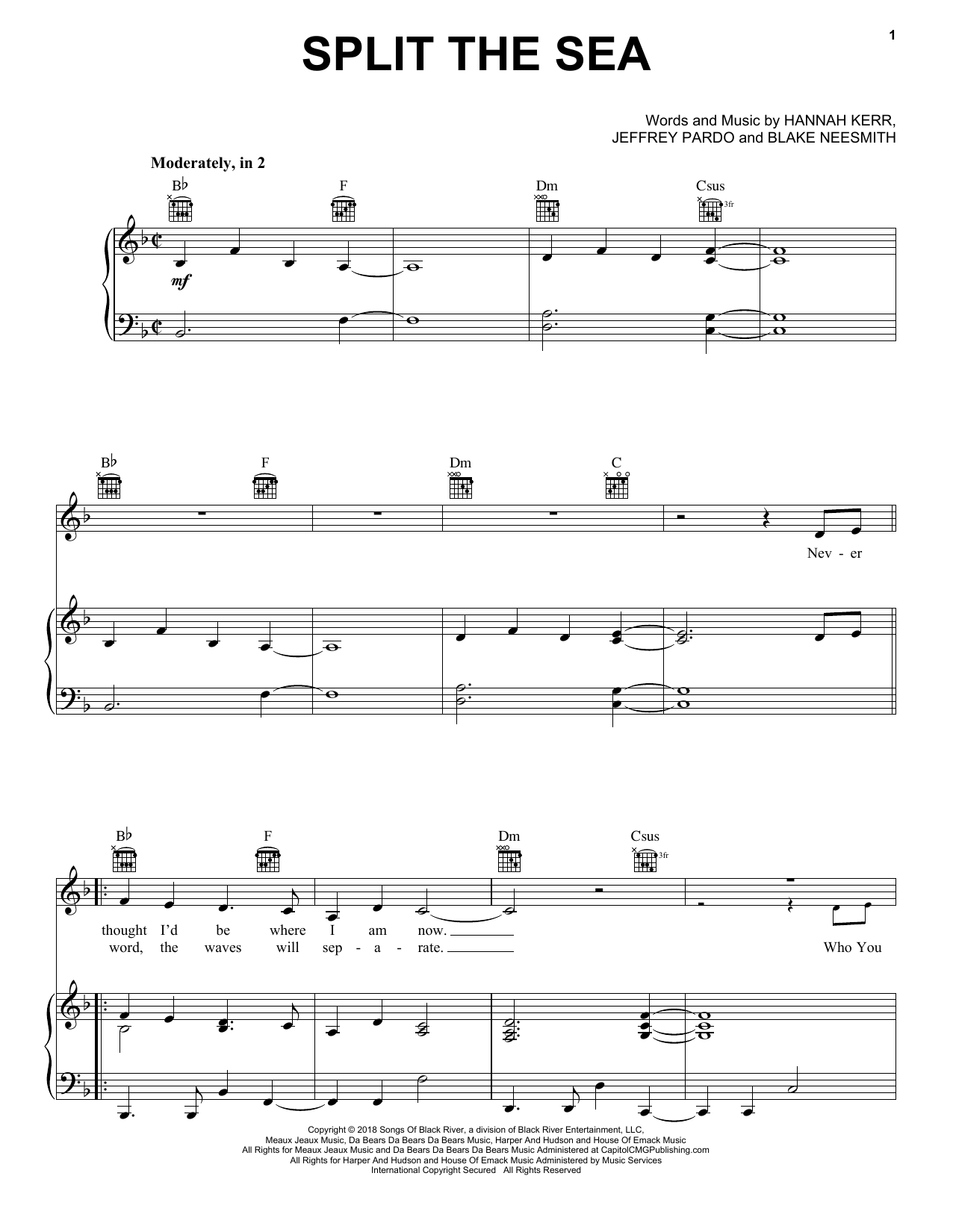 Hannah Kerr Split The Sea sheet music notes and chords arranged for Piano, Vocal & Guitar Chords (Right-Hand Melody)