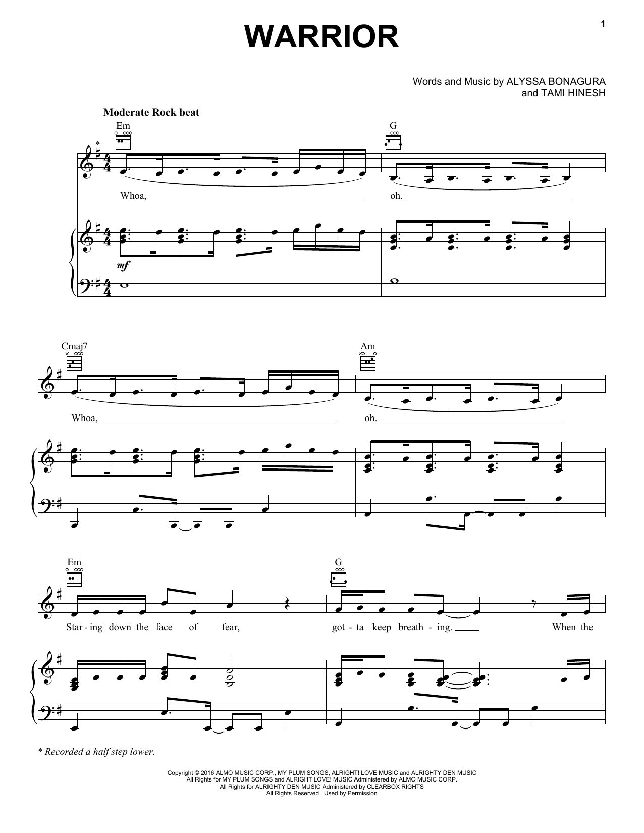 Hannah Kerr Warrior sheet music notes and chords arranged for Piano, Vocal & Guitar Chords (Right-Hand Melody)