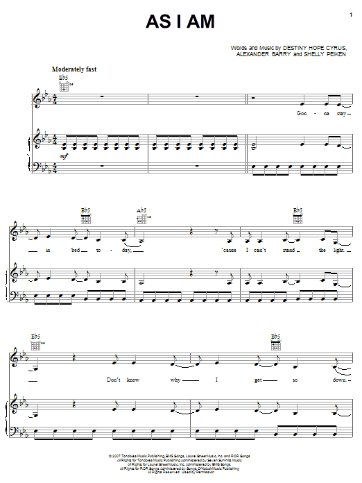 Hannah Montana As I Am sheet music notes and chords arranged for Big Note Piano