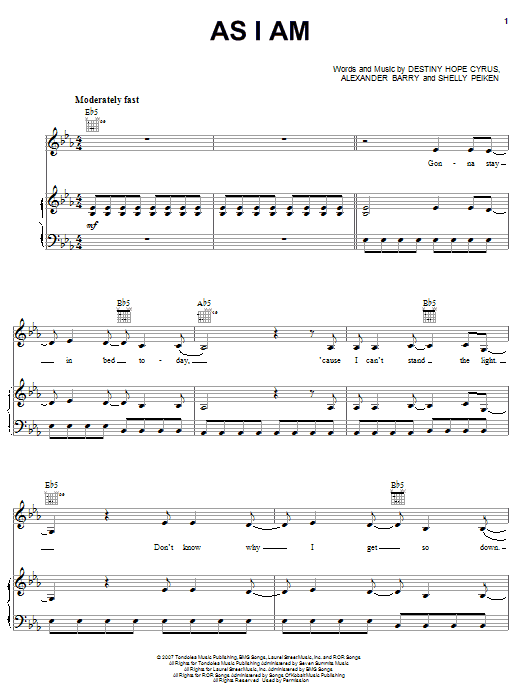 Hannah Montana As I Am sheet music notes and chords arranged for Piano, Vocal & Guitar Chords (Right-Hand Melody)