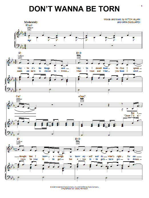 Hannah Montana Don't Wanna Be Torn sheet music notes and chords arranged for Piano, Vocal & Guitar Chords (Right-Hand Melody)