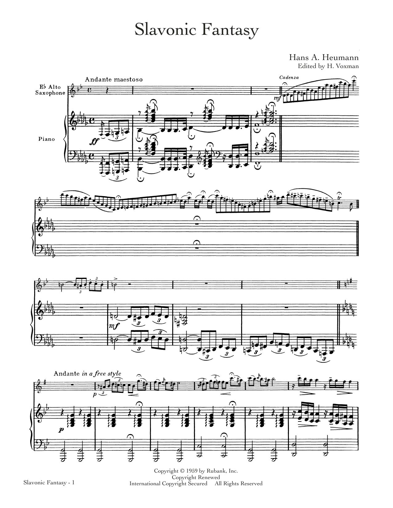 Hans A. Heumann Slavonic Fantasy sheet music notes and chords arranged for Alto Sax and Piano