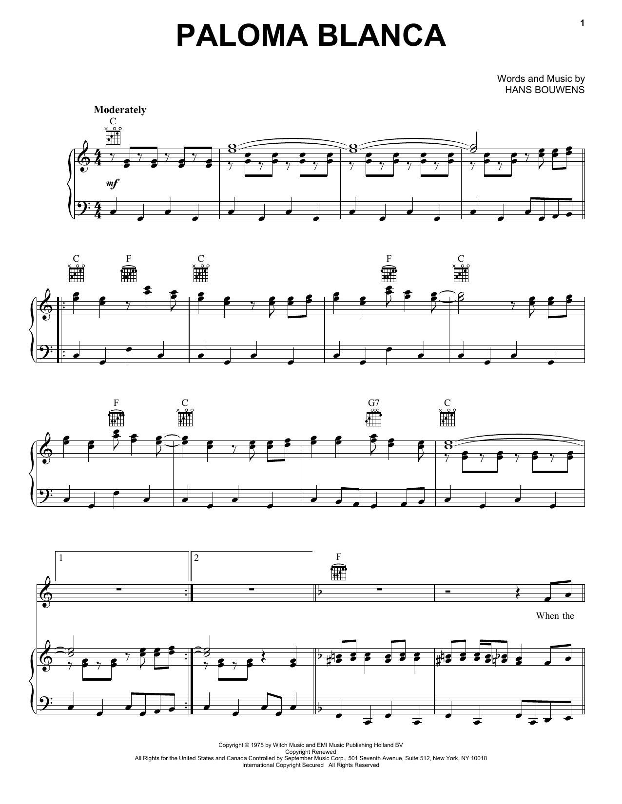 Hans Bouwens Paloma Blanca sheet music notes and chords arranged for Real Book – Melody & Chords