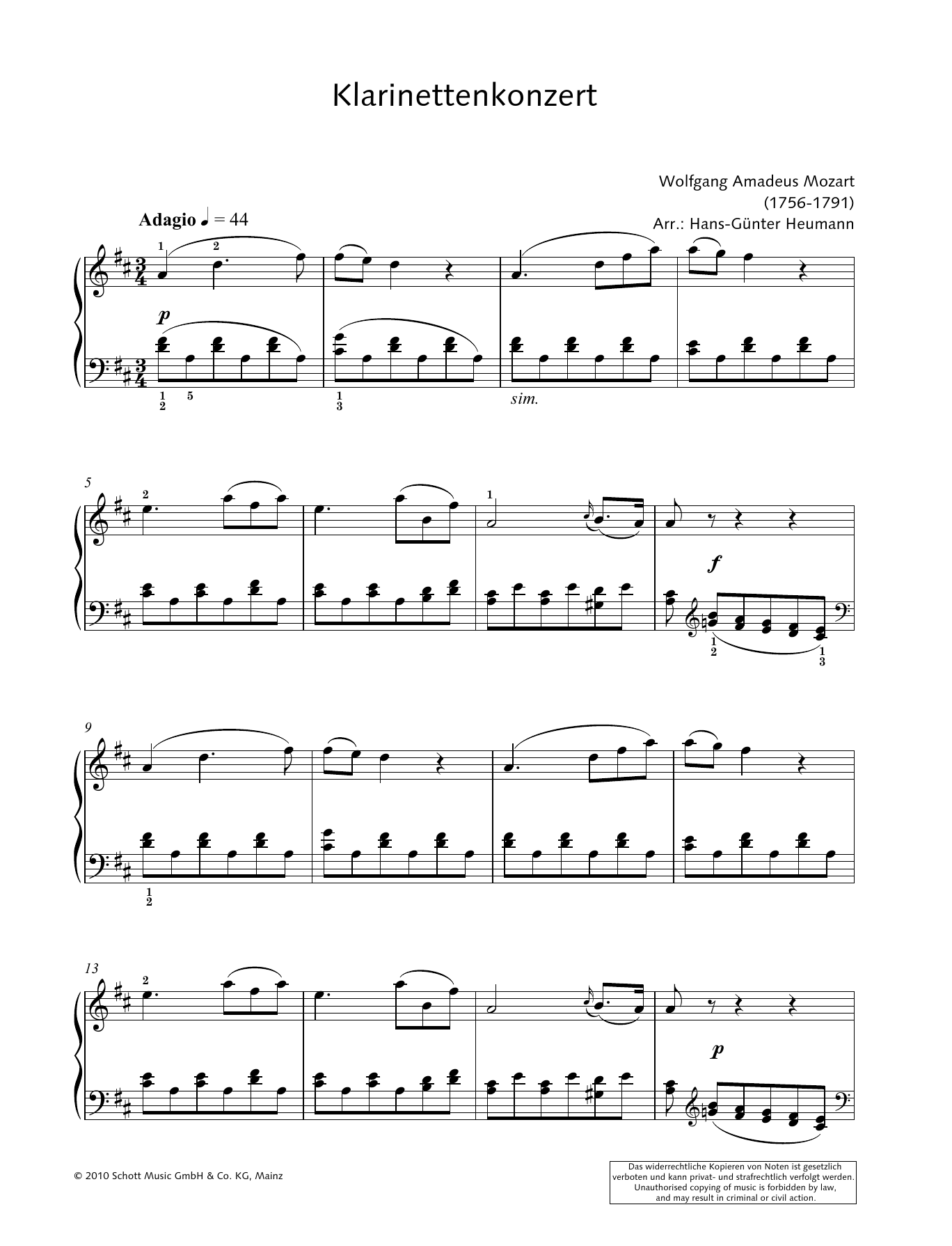 Hans-Gunter Heumann Concerto for Clarinet and Orchestra in A major sheet music notes and chords arranged for Piano Solo