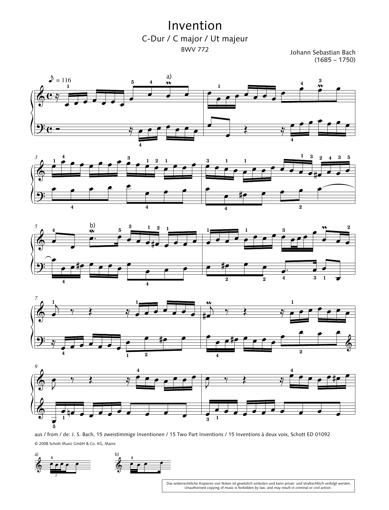 Hans-Gunter Heumann Invention in C major sheet music notes and chords arranged for Piano Solo
