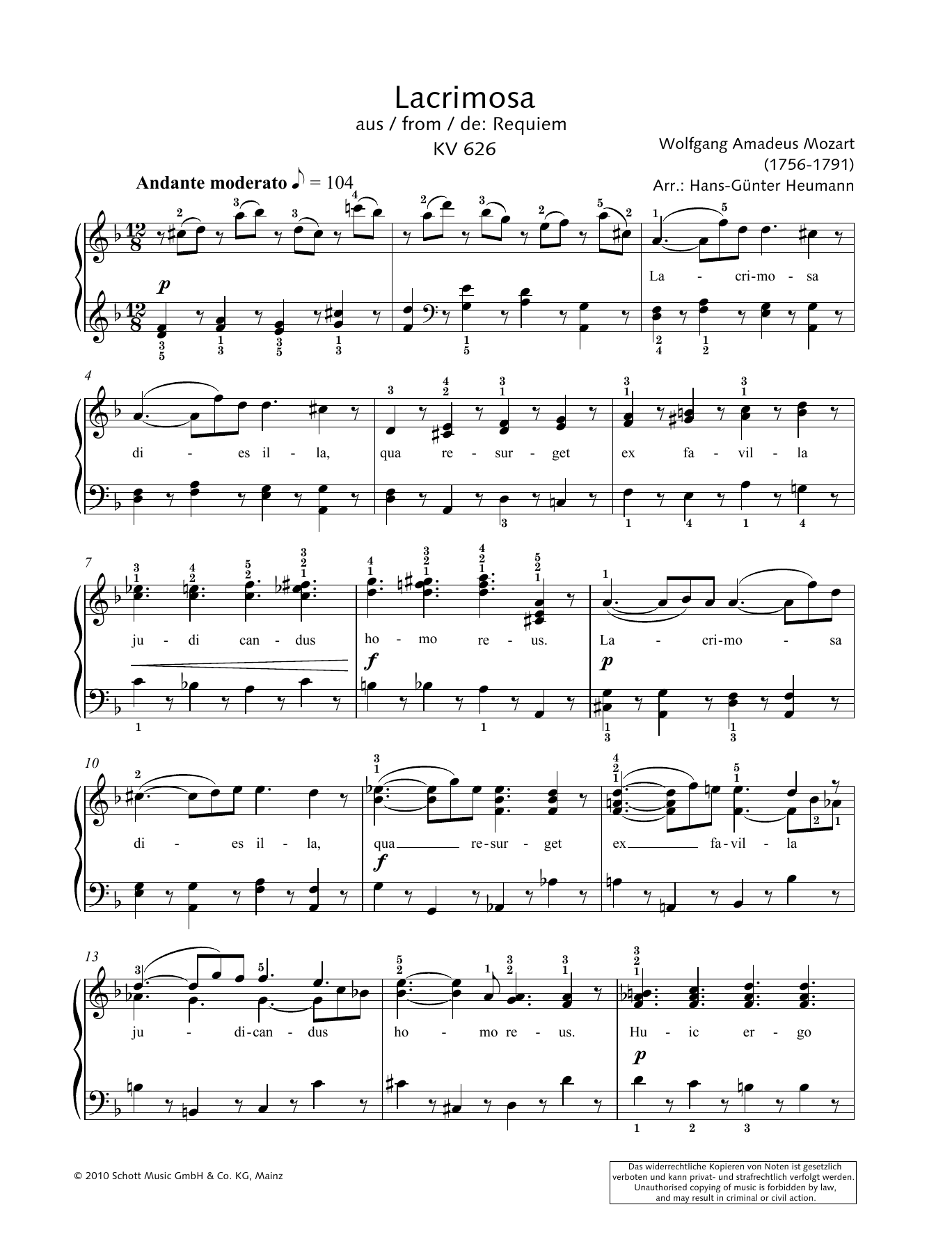 Hans-Gunter Heumann Lacrimosa sheet music notes and chords arranged for Piano Solo