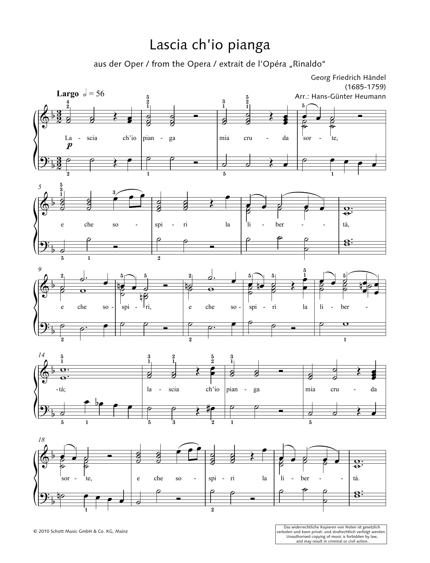 Hans-Gunter Heumann Lascia ch' io pianga sheet music notes and chords arranged for Piano Solo