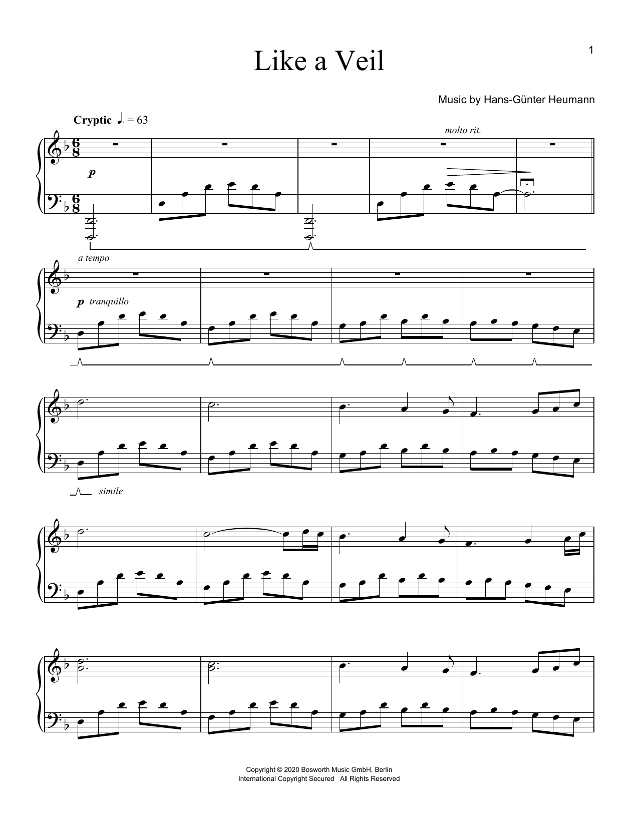 Hans-Günter Heumann Like A Veil sheet music notes and chords arranged for Piano Solo