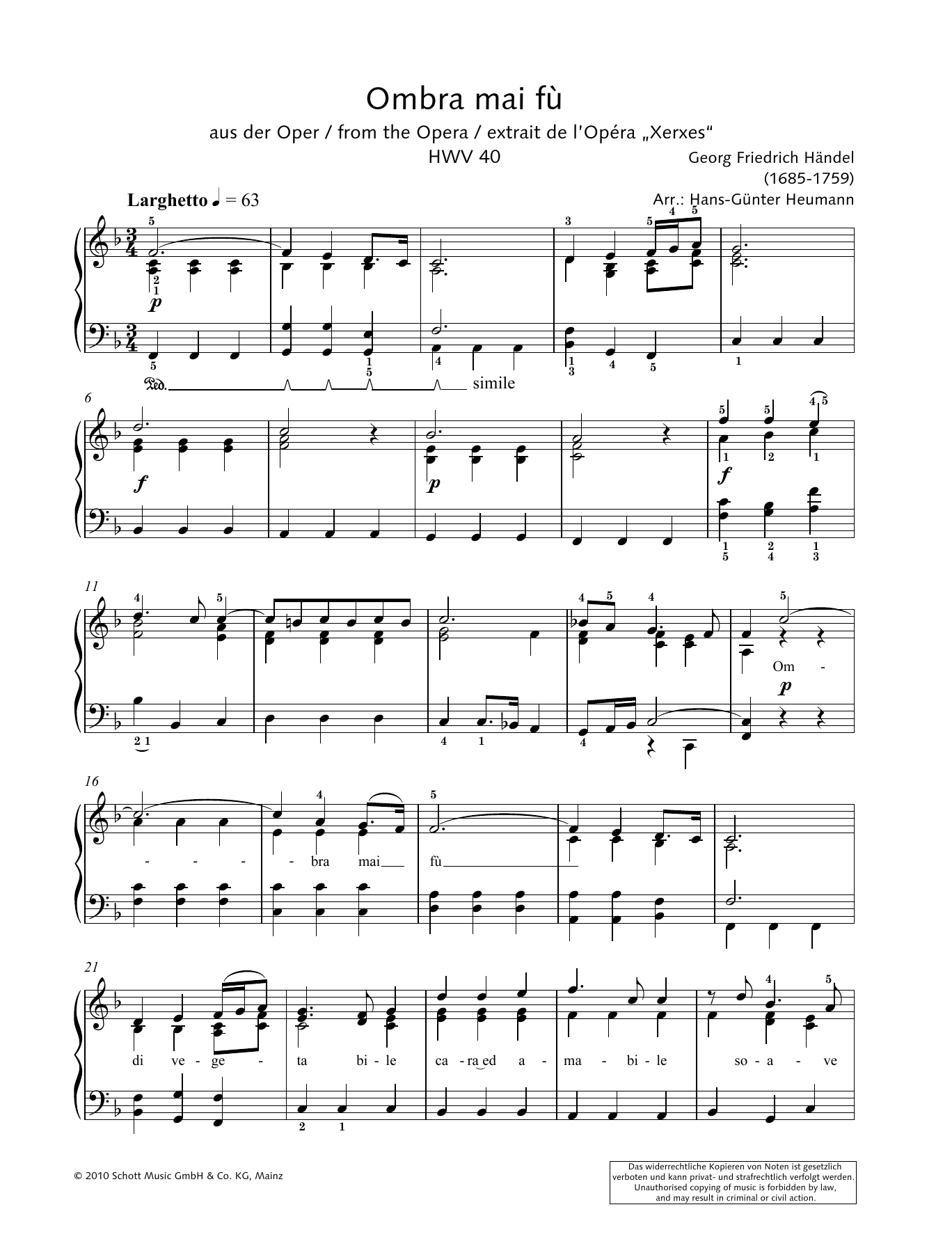 Hans-Gunter Heumann Ombra mai fu sheet music notes and chords arranged for Piano Solo