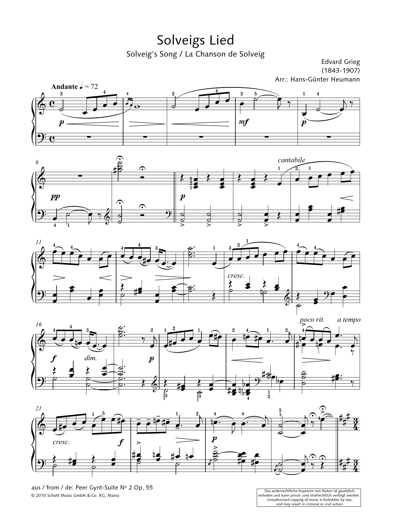 Hans-Gunter Heumann Solveig's Song sheet music notes and chords arranged for Piano Solo