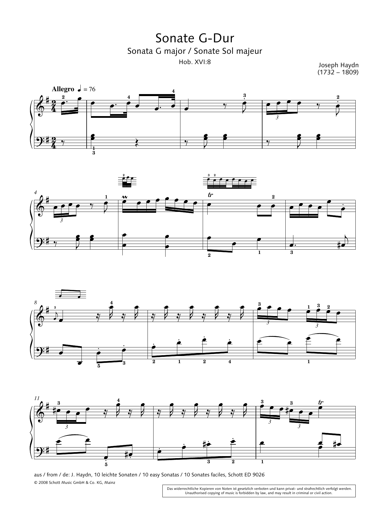 Hans-Gunter Heumann Sonata in G Major sheet music notes and chords arranged for Piano Solo
