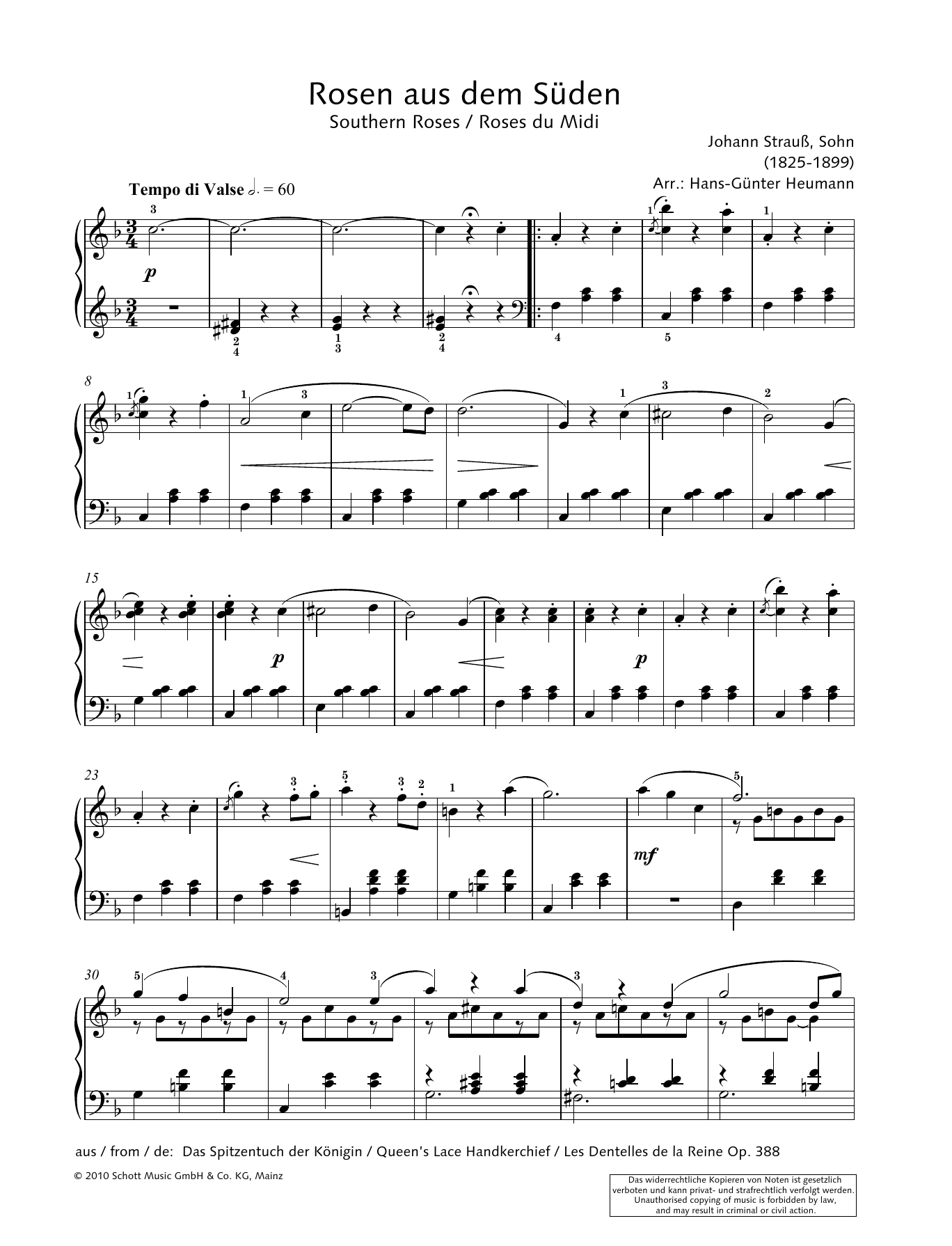 Hans-Gunter Heumann Southern Roses sheet music notes and chords arranged for Piano Solo