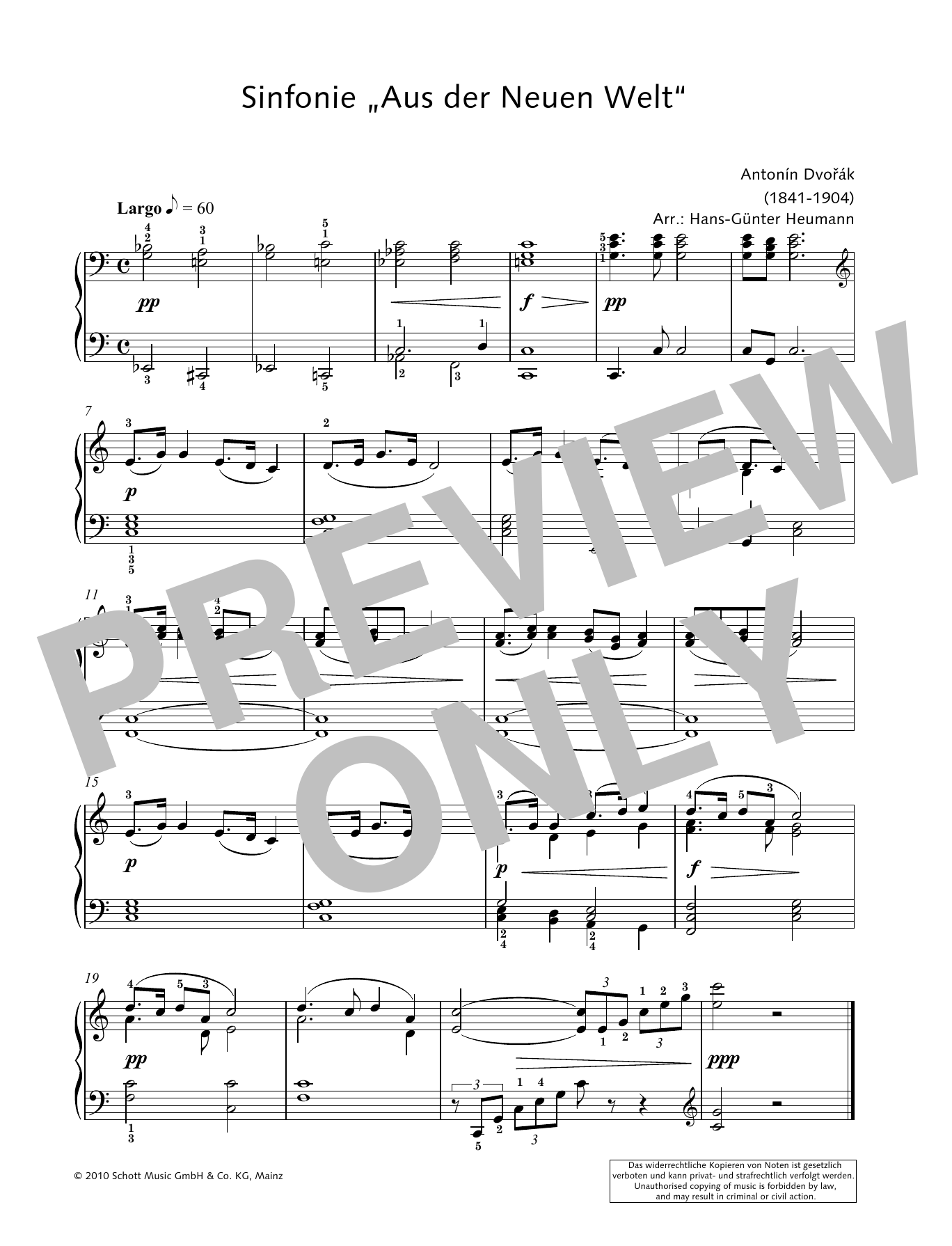 Hans-Gunter Heumann Symphony from the New World in E minor sheet music notes and chords arranged for Piano Solo