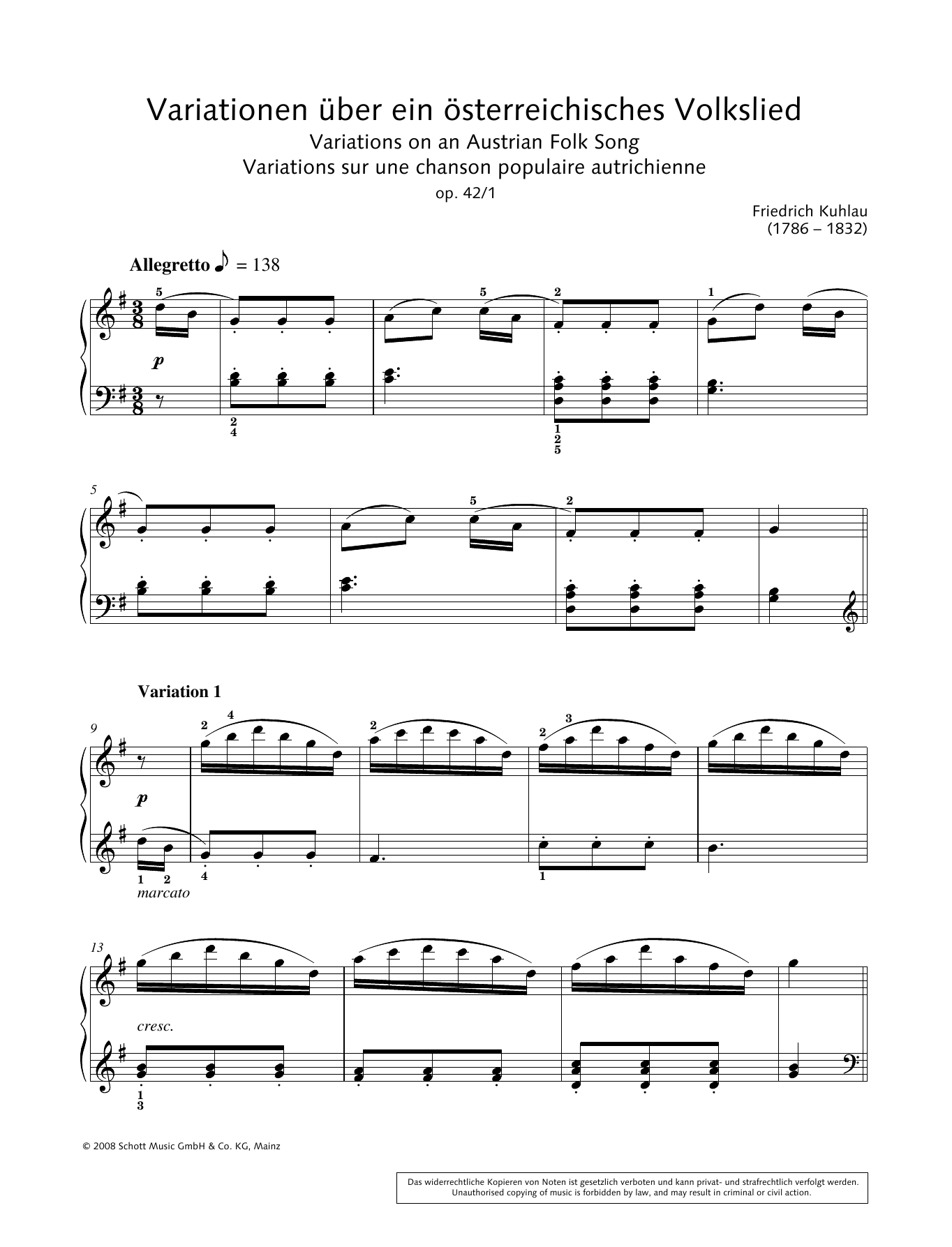 Hans-Gunter Heumann Variations on an Austrian Folk Song sheet music notes and chords arranged for Piano Solo