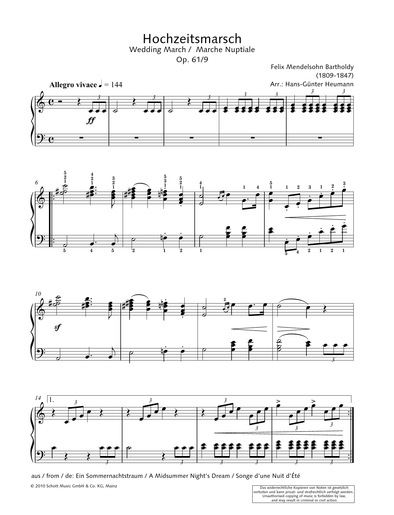 Hans-Gunter Heumann Wedding March sheet music notes and chords arranged for Piano Solo