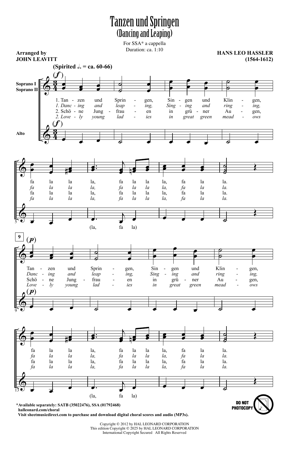 Hans Leo Hassler Tanzen Und Springen (Dancing And Leaping) (arr. John Leavitt) sheet music notes and chords arranged for SSA Choir