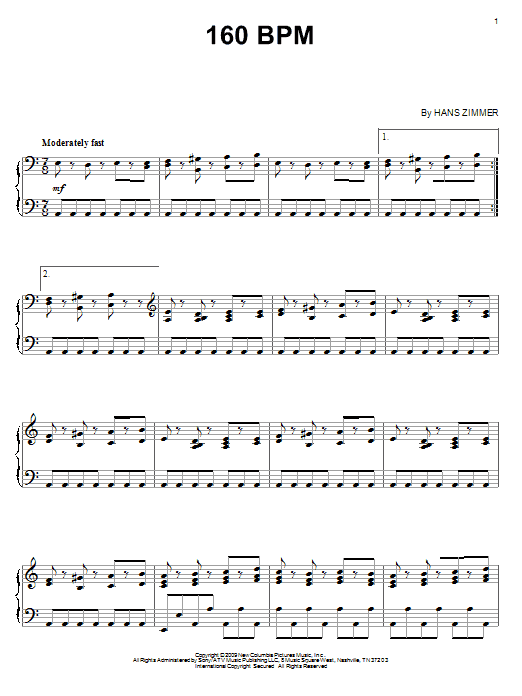Hans Zimmer 160 BPM sheet music notes and chords arranged for Piano Solo