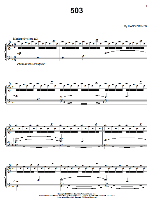 Hans Zimmer 503 sheet music notes and chords arranged for Piano Solo