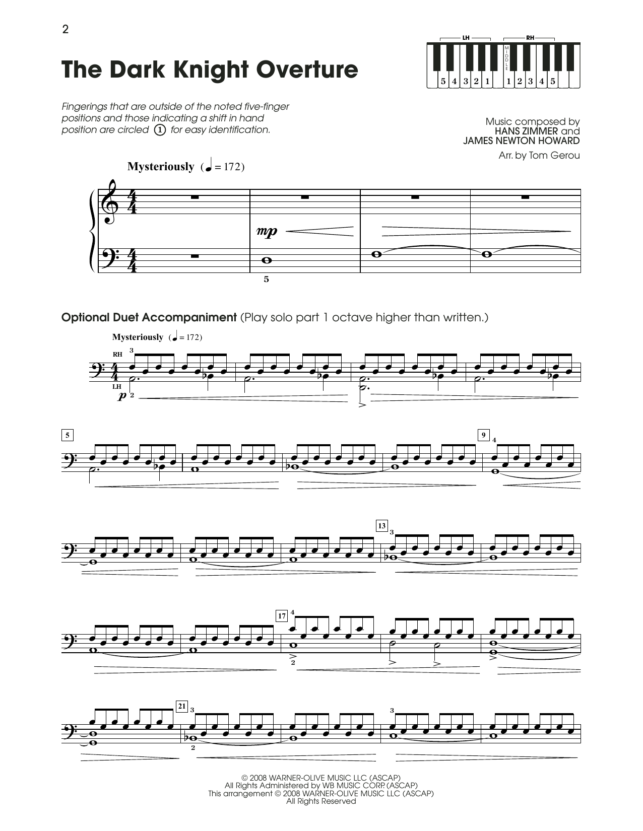 Hans Zimmer & James Newton Howard The Dark Knight Overture (from The Dark Knight) (arr. Tom Gerou) sheet music notes and chords arranged for 5-Finger Piano