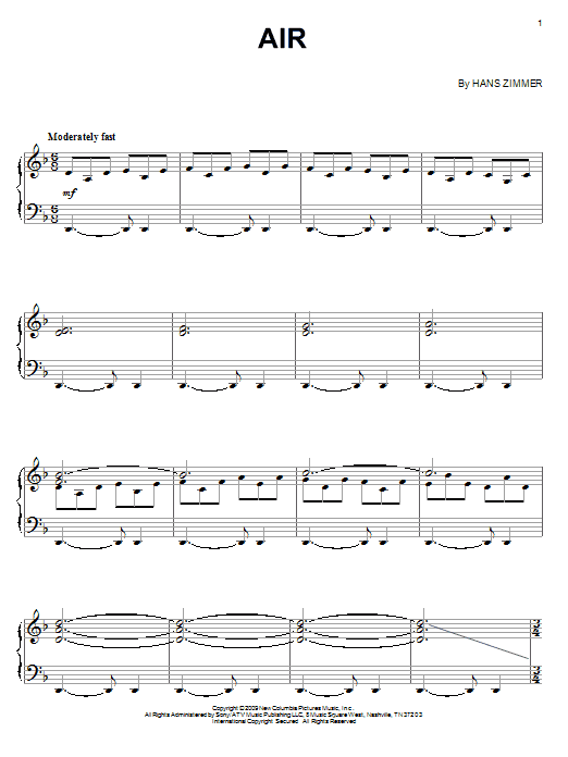 Hans Zimmer Air sheet music notes and chords arranged for Piano Solo
