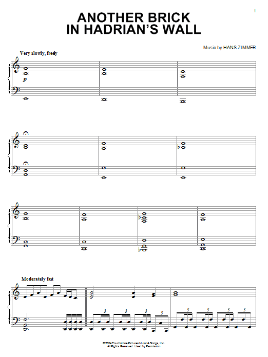 Hans Zimmer Another Brick In Hadrian's Wall sheet music notes and chords arranged for Piano Solo