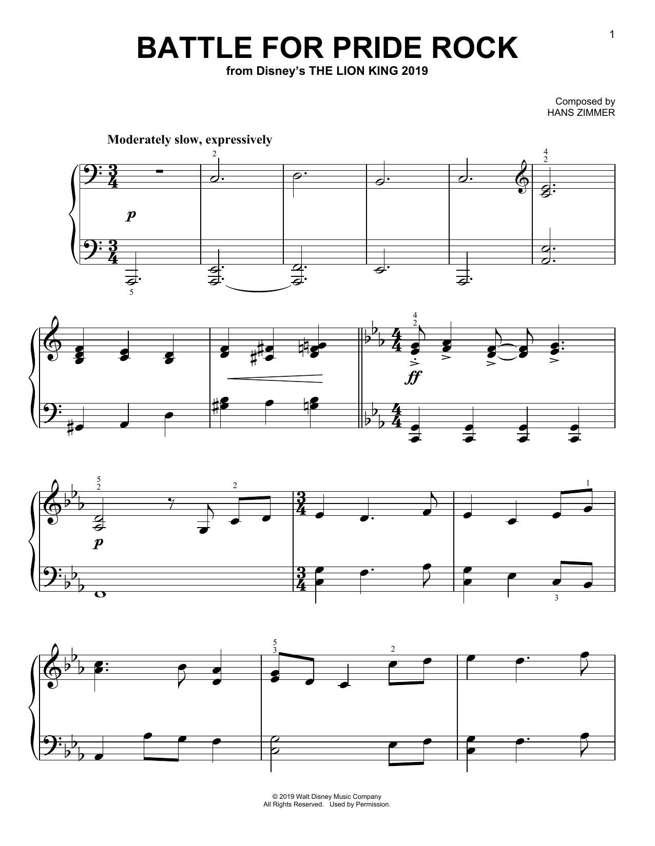Hans Zimmer Battle For Pride Rock (from The Lion King 2019) sheet music notes and chords arranged for Piano Solo